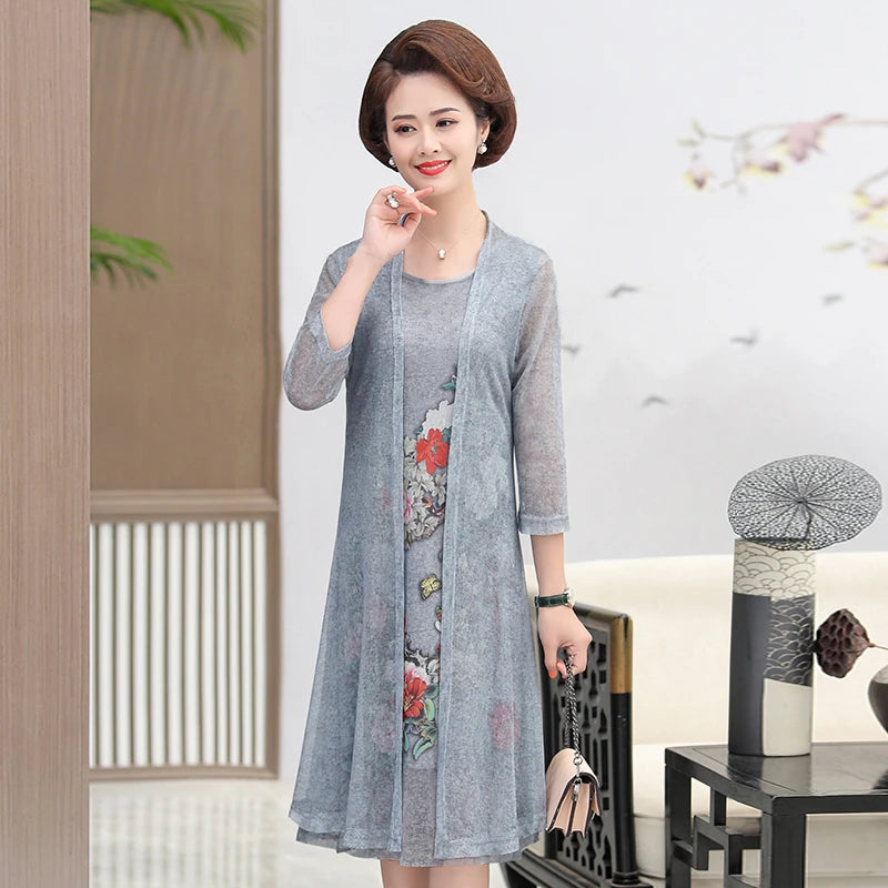 Elegant Dresses Women NEW Summer Casual Retro Temperament printing two Piece Set Dress Mother Dress plus Size
