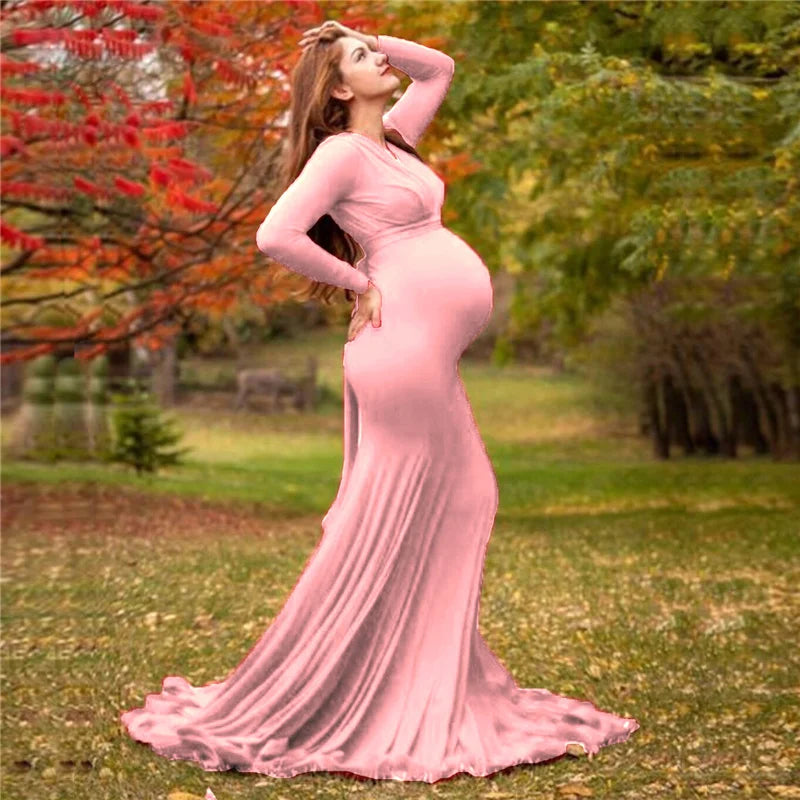 2024 Elegant Maternity Dresses For Photo Shoot Pregnant Women Dress Long Sleeve V-Neck Pregnancy Photography Shower Dress
