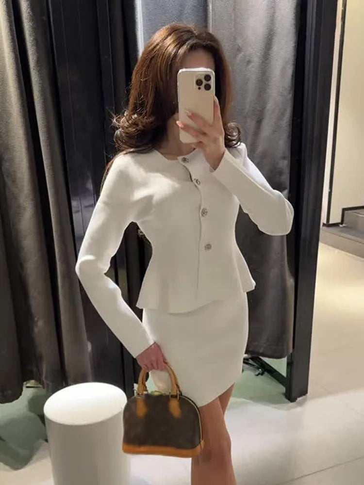 HH Women Skirt Suit O-Neck Single Breasted Long Sleeve Knitted Cardigan Top+Elegant Elastic Waist High Street Mini Skirt