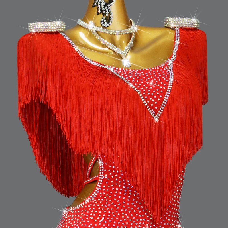Red Latin Dance Fringed Dresses Sexy Womens Competition Costume Adult Female Party Clothes Cabaret Practice Wear Girl Stage Suit
