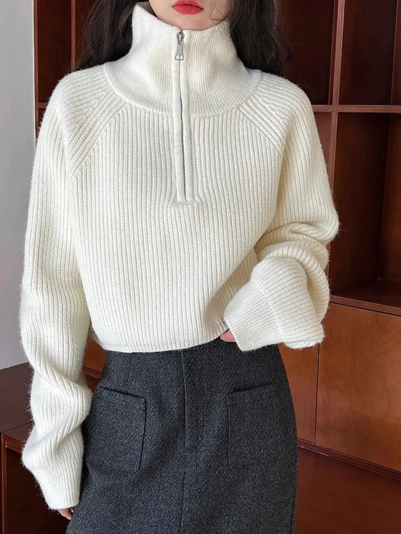 Sweater Pullover Women Autumn Winter 2025 New Zipper Underlay Loose Short Style Popular Premium Sweater Female Tops