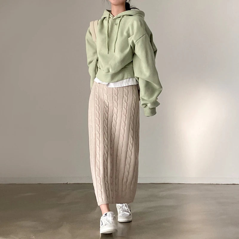 Solid Knitted Skirts For Women 2023 Fashion Autumn Winter Slim Long Skirt Vintage Casual Elastic High Waisted Straight Skirt New