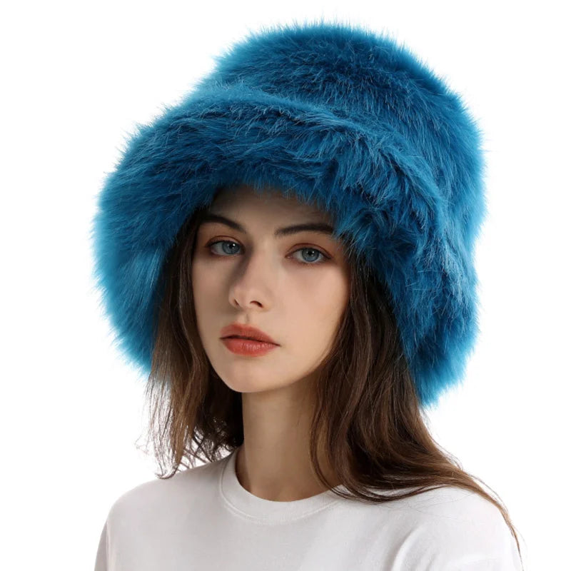 Hat Woman Winter Faux Fur Fisherman Hat Woman Versatile Warm Female Casual Party Fur Hats Women's Cap Ins Plush Bucket Hat