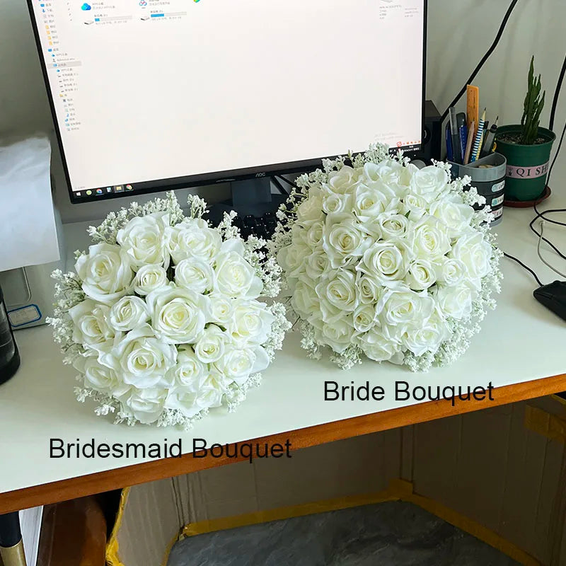 Bridal Bouquet Wedding Flowers Bridesmaids Silk Roses Fake Babys Breath Bride Wedding Accessories Table Centerpiece Decoration