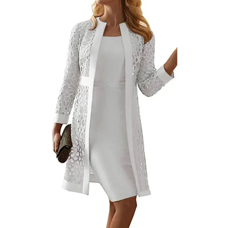 2025 Women's Dress Suit Sets Elegant Two Piece Set Outfits Solid Lace Cardigan Long Sleeve Office Party Knee-length Dress Set
