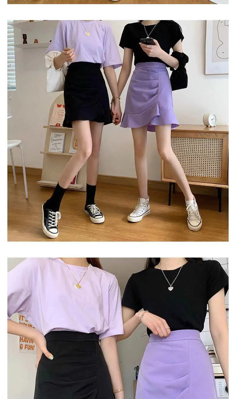 Irregular High Waist Skirts for Female Summer New Korean Fashion All-match Bag Hip A-Line Solid Color Ruffles Spliced Mini Skirt