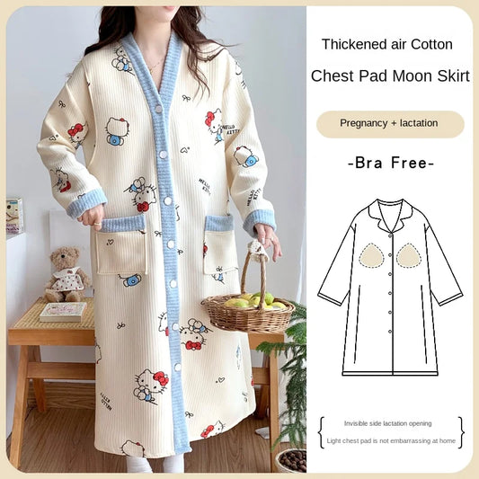 Maternity Sleepwear Nursing Nightwear Long Sleeve Robe Loose Fit Pregnant Women Homewear Winter Comfortable Fleece Nightwear