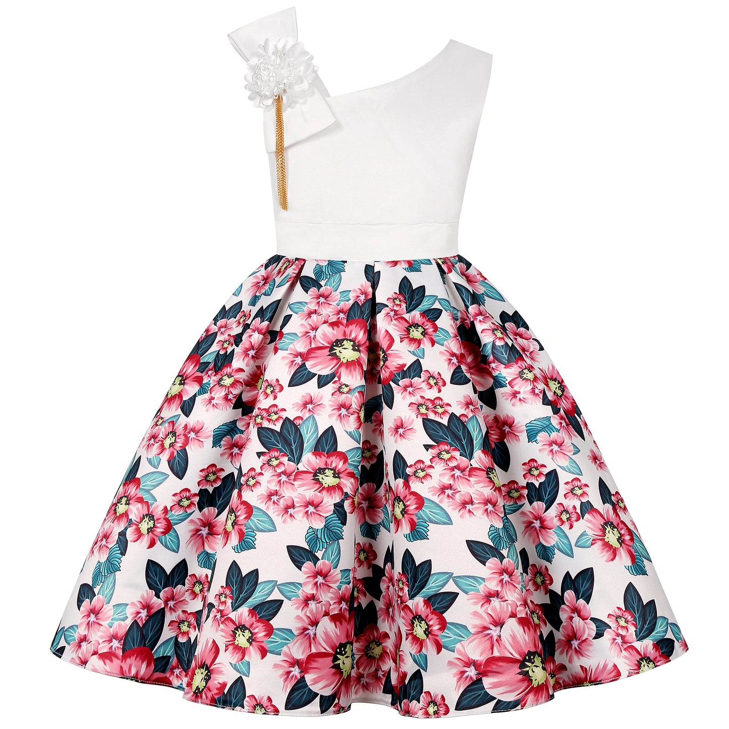 Fashionable floral off-the-shoulder dress, flower girl outfit, graduation dance dress, elegant evening gown, beauty pageant gown