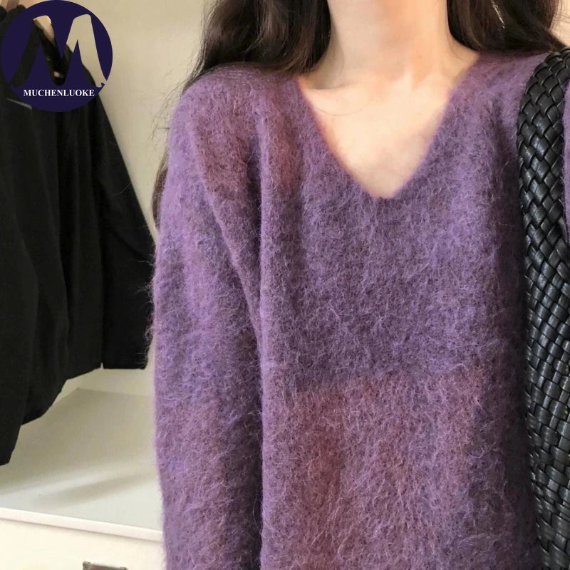 Sweater for Woman Autumn Winter Lazy Style V Neck Knitted Dresses Korean Fashion Casual Loose Thickened Warmth Sweaters Dress