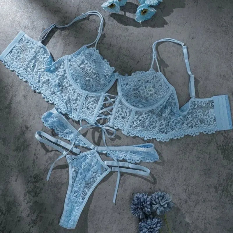Bra Brief Sets Female Transparent Sexy Romantic Lingerie Black Lace Underwear Flowers Sensual See Through Erotic Sets