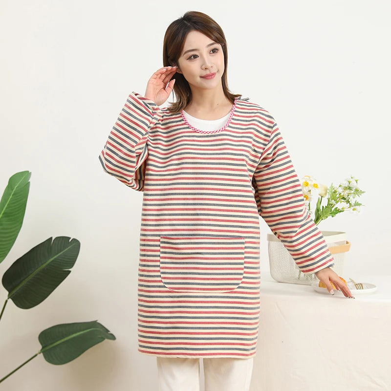 Fashionable Striped Apron For Home Kitchen Cooking Long Sleeved Women's Cute Anti Stain Work Dining Work Clothes Smock