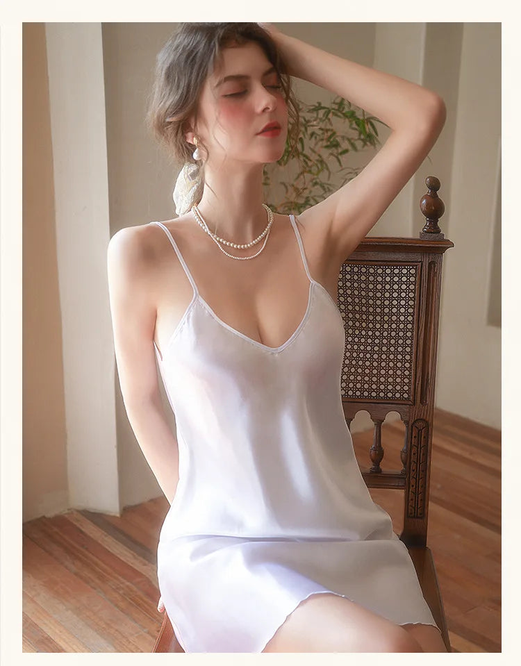 Fashion Sexy V-Neck Nightgown For Women Solid Silk Satin Lingerie Night Dress Sleeveless Sleepwear Female Nightwear Home Clothe