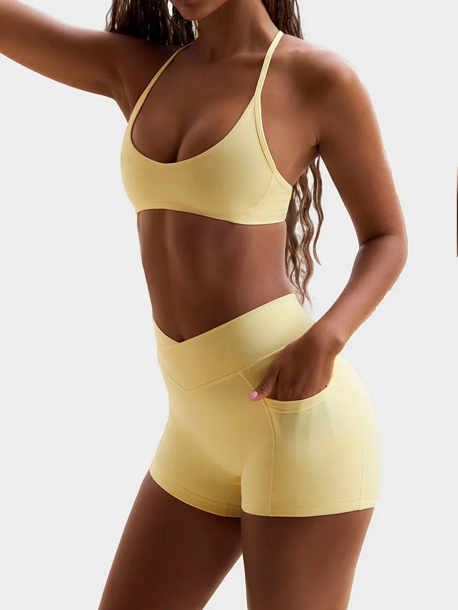 Women's Yoga Suit High Elasticity Naked Breathable Elastic Cross Waist Shorts Hanging Neck Bra Beautiful Back Gym Exercise Set