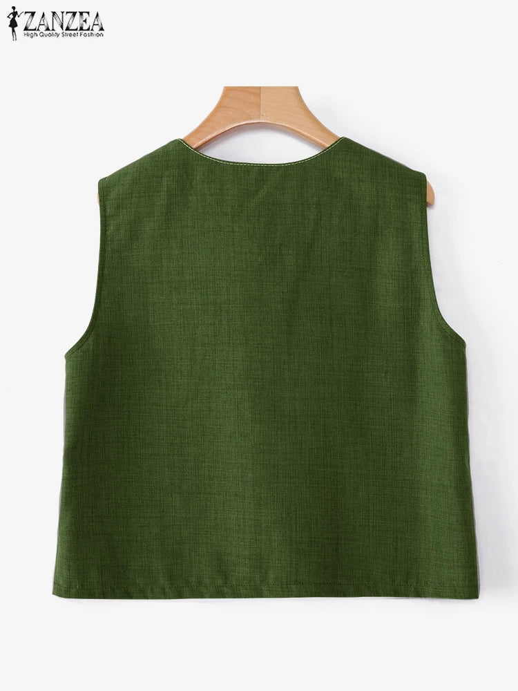 ZANZEA Outerwear 2025 Fashion Women Vests Thin Coats Sleeveless Casual Loose Solid Color Elegant Streetwear Summer Buttons Shirt