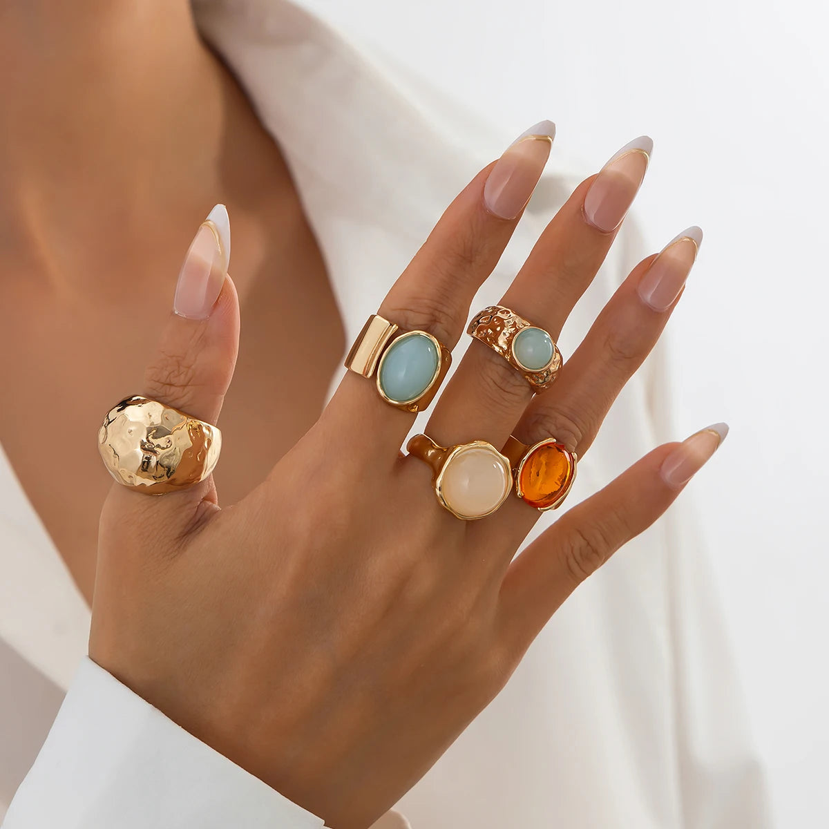 Ingemark 5Pcs/Set Retro Gold Color Irregular Metal Ring for Women Bohemian Open Adjustable Wide Ring Aesthetic Y2K Jewelry Gift