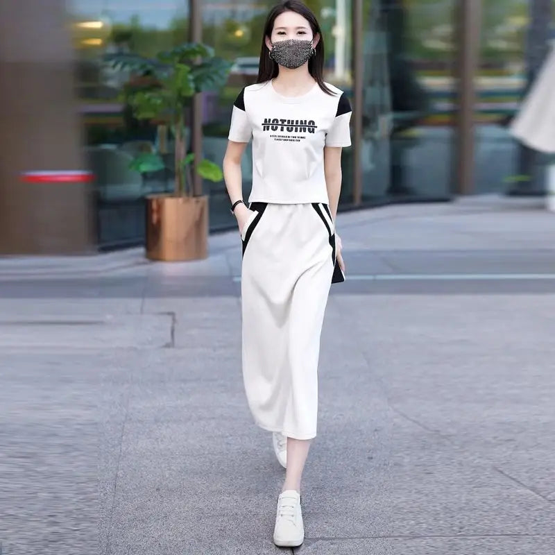 Women's Two Piece Set Short Sleeve Lightly Cooked Slit Skirt Luxury Designer Clothing Y2k Clothes Top and Bottom Female Outfits