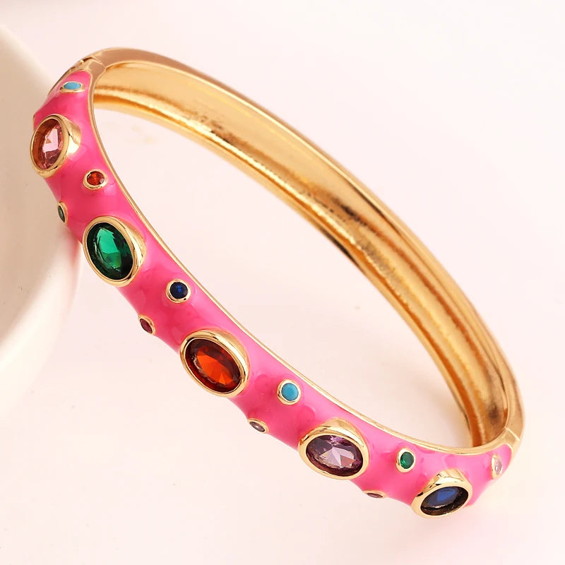 Luxury Colorful Enamel Bangles Bracelets for Women Party Gift Fashion Rainbow Zircon CZ Bangles Original 18K Gold Plated Jewelry