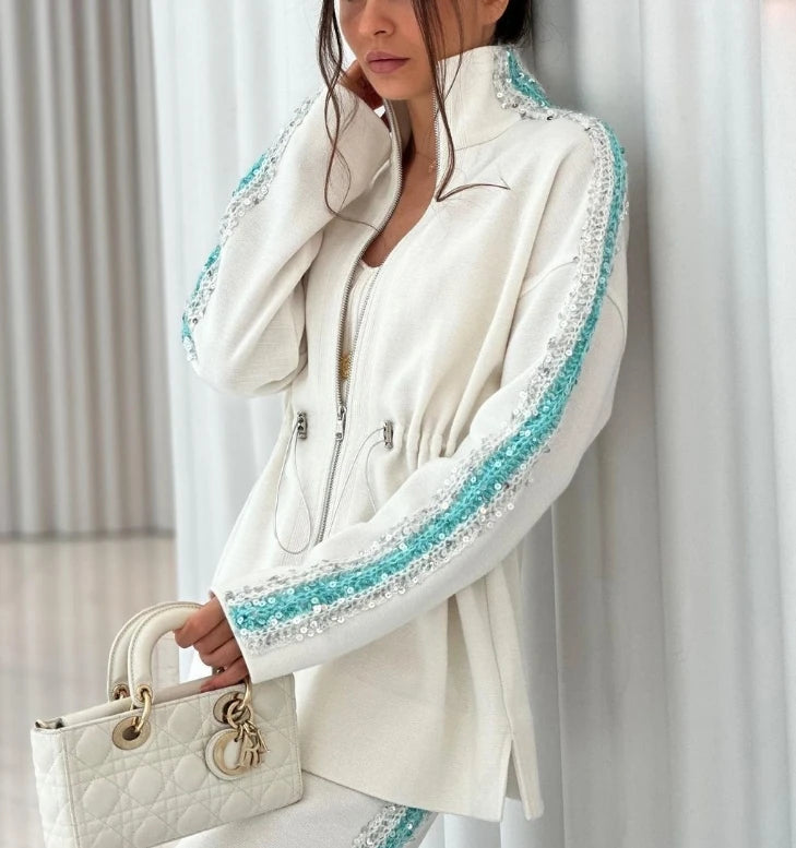 Women's two pieces set Fashionable Contrasting Color Drawstring Elastic Top Casual Pants Set Temperament Commuting Two-Piece Set