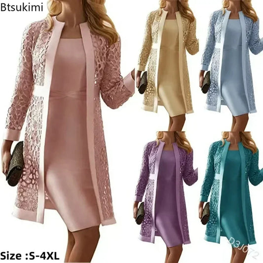 2025 Women's Dress Suit Sets Elegant Two Piece Set Outfits Solid Lace Cardigan Long Sleeve Office Party Knee-length Dress Set