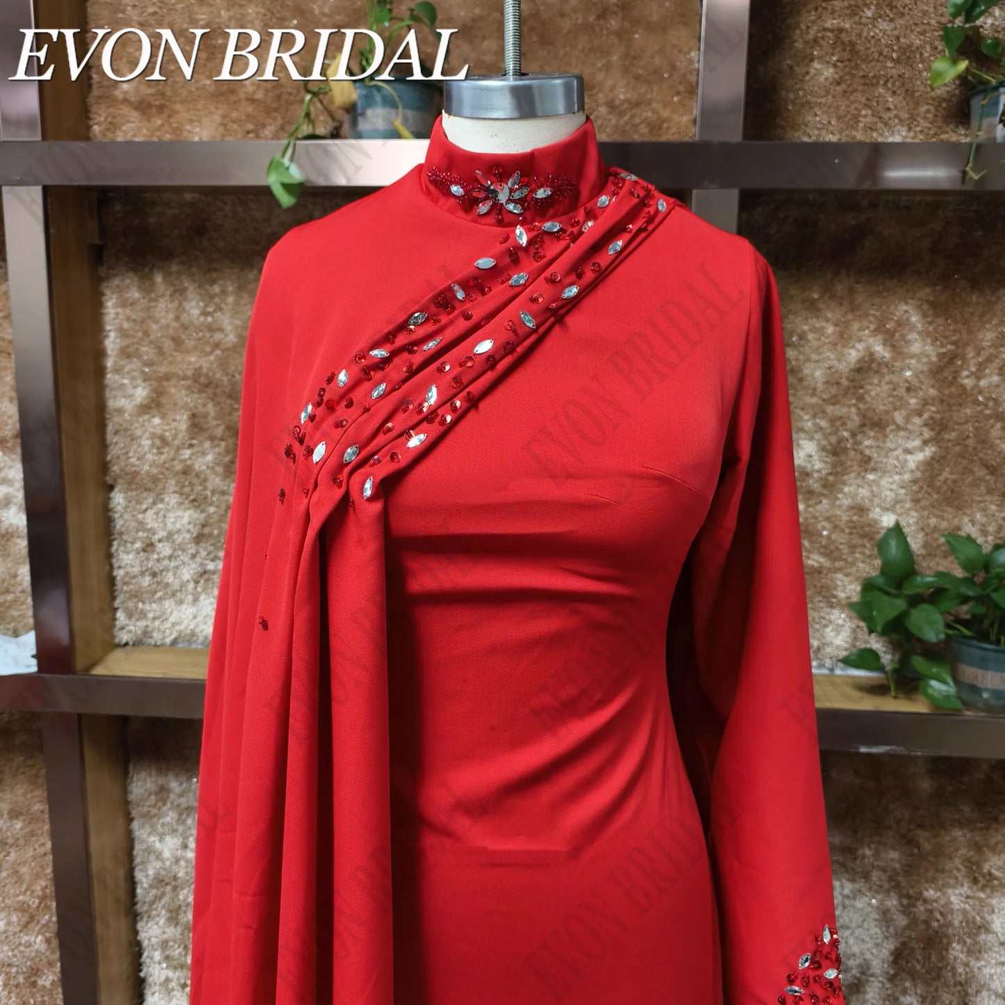 EVON BRIDAL High Neck Long Sleeves Formal Evening Gown Beading Satin Celebrity Red Carpet Dresses Mermaid فساتين سهرة Customized