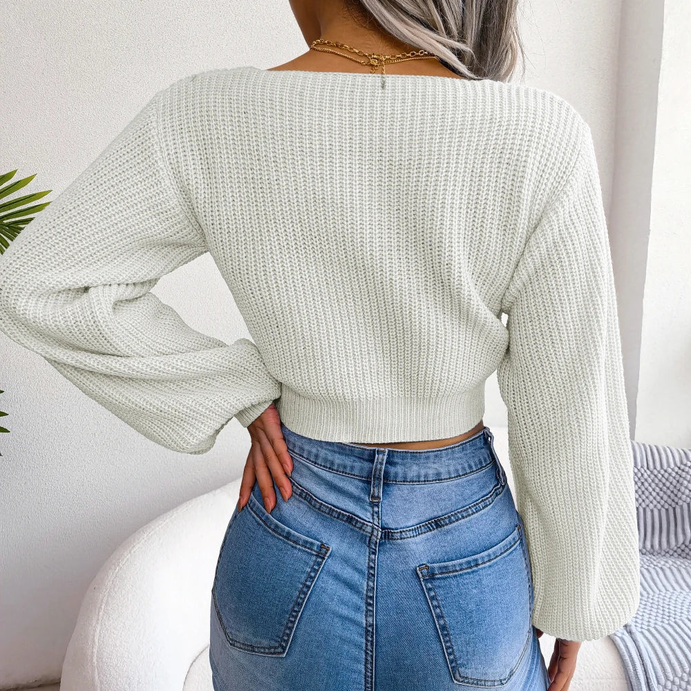 Women Sweater 2025 Autumn Casual Sexy Bow Long Sleeve Knitted Pullovers Crop Tops Blue Green White Red