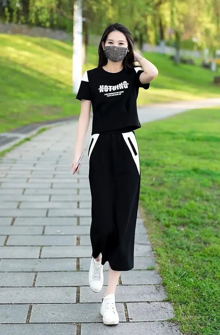 Women's Two Piece Set Short Sleeve Lightly Cooked Slit Skirt Luxury Designer Clothing Y2k Clothes Top and Bottom Female Outfits
