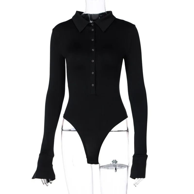 Long Sleeve Bodysuit Women Y2k Clothes Button Lapel Sexy Tops Autumn Winter Fashion Stretch Tight Elegant Body Suits Women 2024