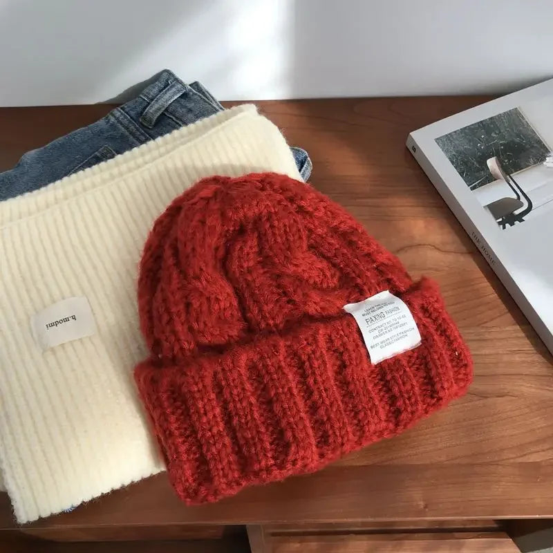 New Hat Women's Coarse Knitted Knitted Wool Hat Autumn and Winter Versatile Big Head Circumference Green Loose Ins Trendy F