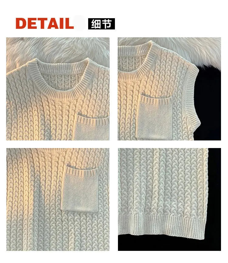 Sweater Vest Men Winter Students Knitwear Harajuku Round Neck Pockets Handsome Casual Streetwear Unisex Preppy Stylish Ins