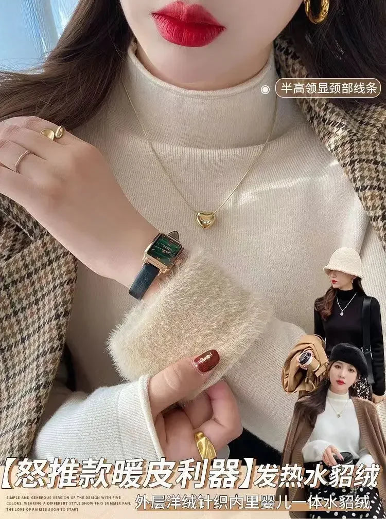 2025 Sweater For Women Casual Thick Warm Knit Plush Velvet Lined Pullover Tops Fall Winter Soft Knitwear Jumper New Slim Poleras