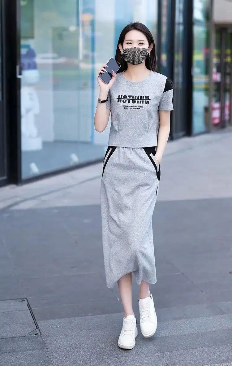 Women's Two Piece Set Short Sleeve Lightly Cooked Slit Skirt Luxury Designer Clothing Y2k Clothes Top and Bottom Female Outfits