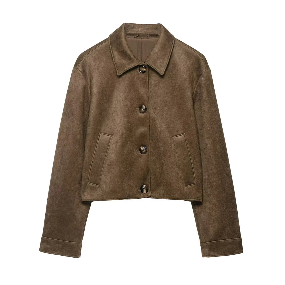 Women Fashion Faux Suede Jacket Coat Long Sleeve Button-up Female Outerwear Chic Tops
