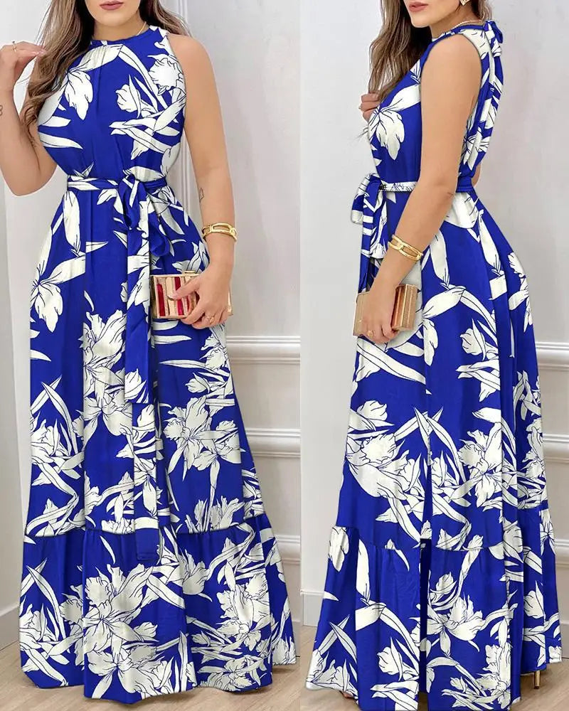 2025 Women's Elegant Floral Print Long Dresses Spring Summer Lace up Print Strap Dress Holiday Beach Female Robe Vesido Mujer