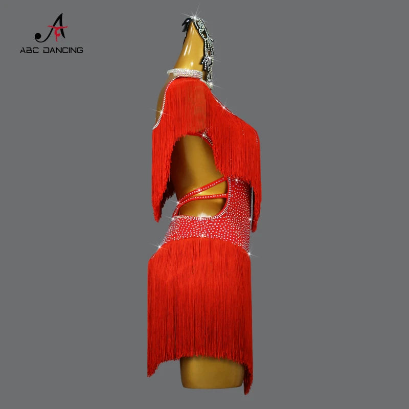 Red Latin Dance Fringed Dresses Sexy Womens Competition Costume Adult Female Party Clothes Cabaret Practice Wear Girl Stage Suit