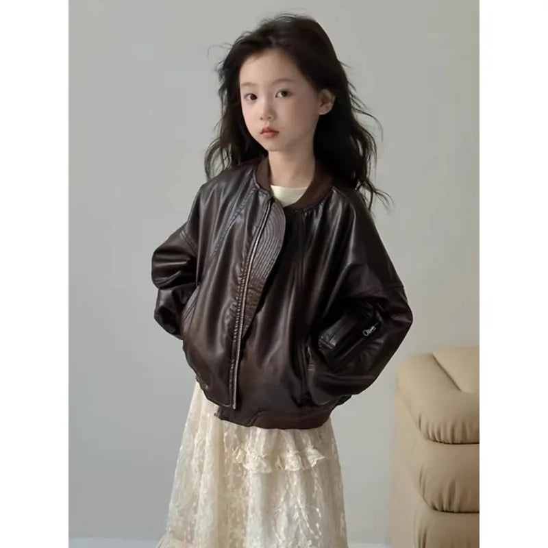 Girls' outerwear Spring and Autumn 2025 New Fashionable Outerwear Short Leather Jacket Autumn Clothing for Children
