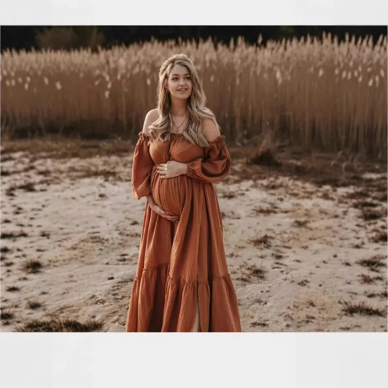 Maternity Photoshoot Dress - Sexy Off-Shoulder Gown Playful Puff Sleeves & Leg-Baring Slit Clothes for Pregnant Women Photograph