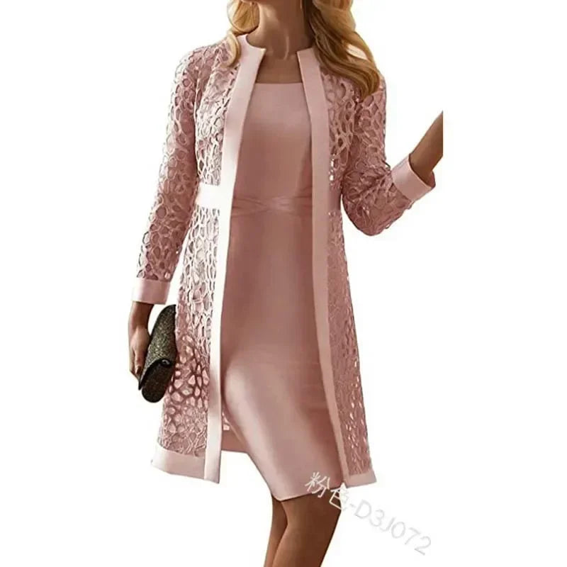 2025 Women's Dress Suit Sets Elegant Two Piece Set Outfits Solid Lace Cardigan Long Sleeve Office Party Knee-length Dress Set