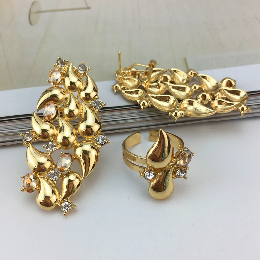 Luxury Design Gold Color Jewelry Set For Women Quality Trending Necklace Earrings Bracelet And Ring Wedding Party FHK19490