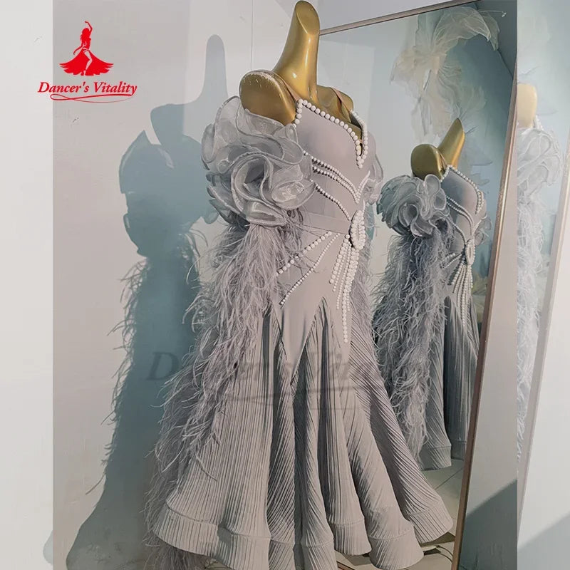 Modern Dance Performance Costume High-end Luxury Feather Backless Dress Adult and Children's Ballroom Dance Competition Clothing