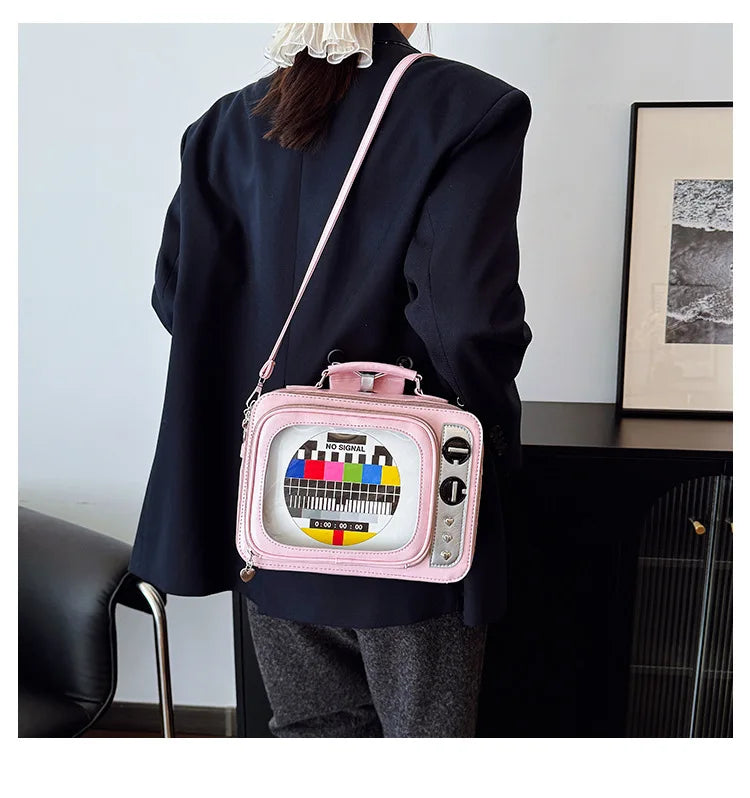 Cartoon Cute Handbags for Women Funny Retro TV Transparent Square Bag Fashion Leather Personalized Creative Shoulder Bag Woman