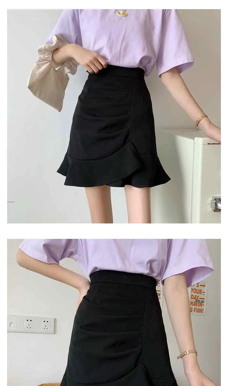 Irregular High Waist Skirts for Female Summer New Korean Fashion All-match Bag Hip A-Line Solid Color Ruffles Spliced Mini Skirt