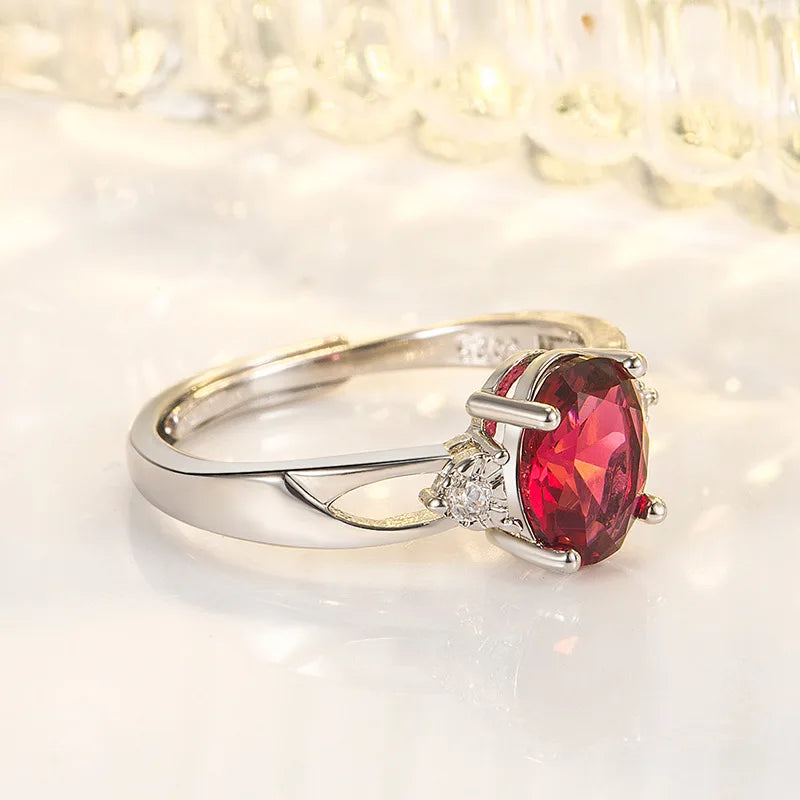 Classic Ring 925 Silver Jewelry with Oval Ruby Zircon Gemstone Open Finger Rings for Women Wedding Party Promise Gift Ornaments