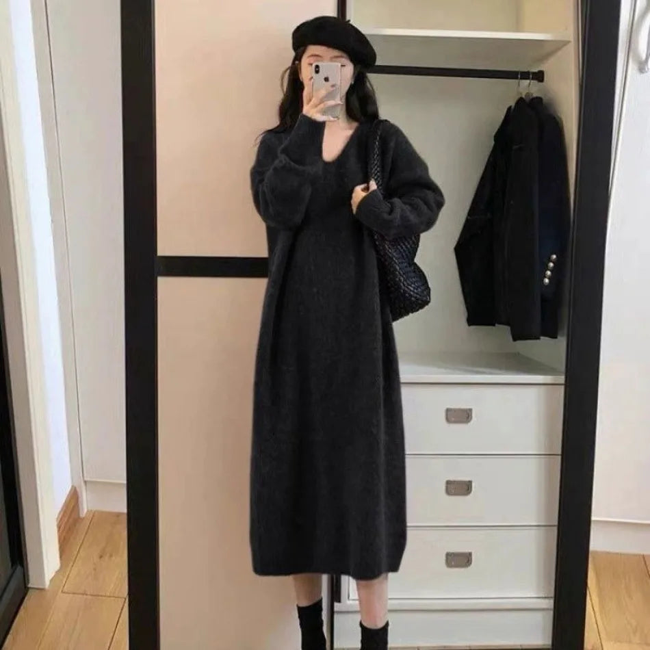 Sweater for Woman Autumn Winter Lazy Style V Neck Knitted Dresses Korean Fashion Casual Loose Thickened Warmth Sweaters Dress