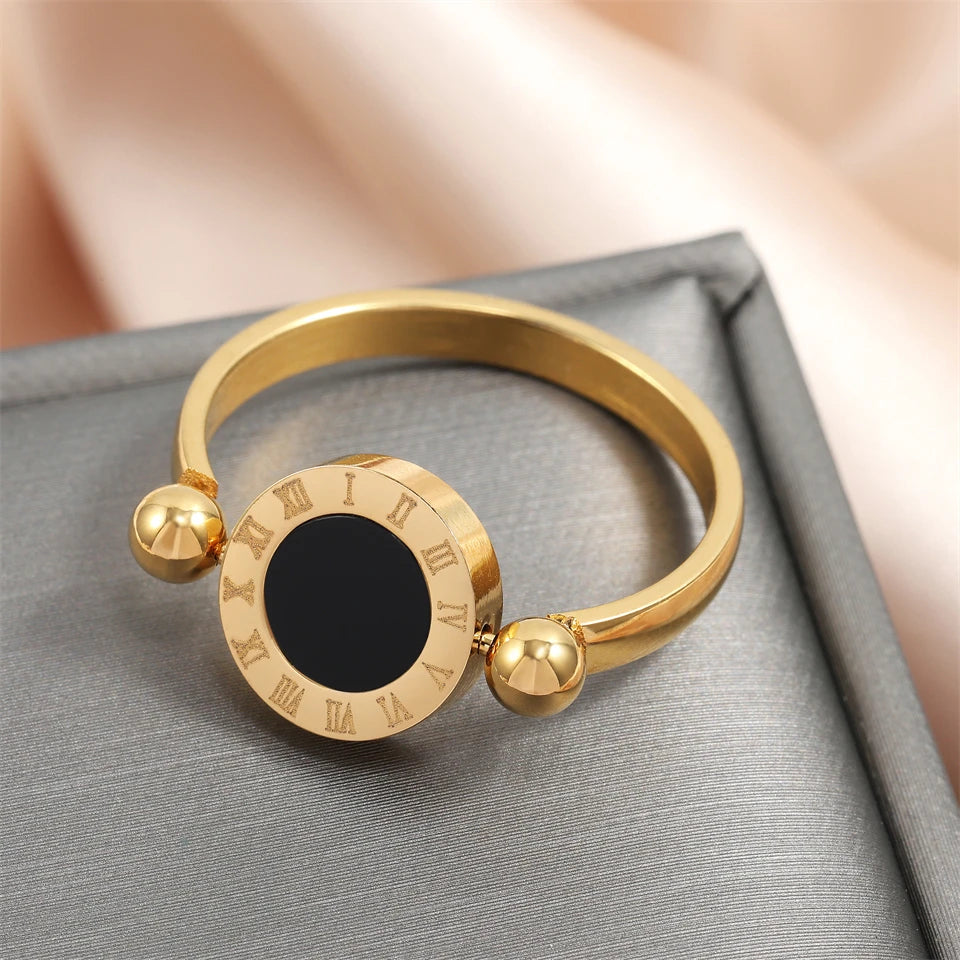 Classic Round Roman Numeral Reversible Rings For Women Men Black White Copper Metal Ring Party Daily Jewelry