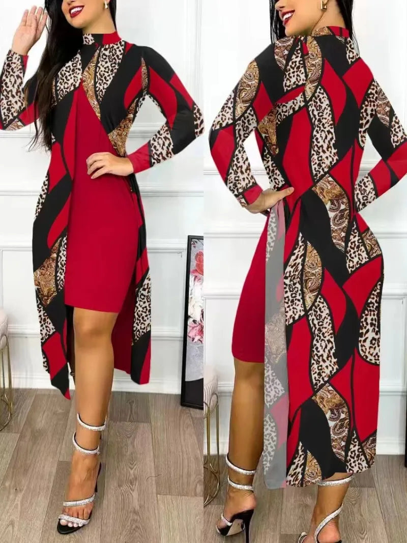 Two Piece Set Women Print Dresses Sets Full Sleeve Half High Collar Split Cardigan Dress Suits Elegant A Line Office Lady Y2k