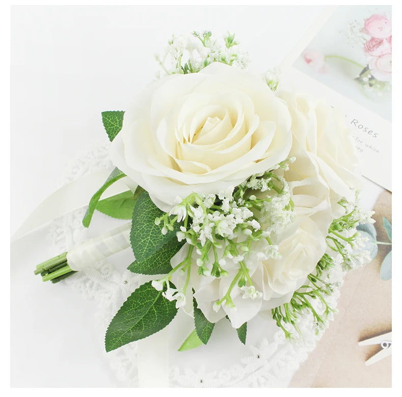 Bridal Bridesmaids Bouquets with Bowknot Ivory Roses Silk Flowers Bouquet for Valentine's Day Marriage Wedding Bride Photography