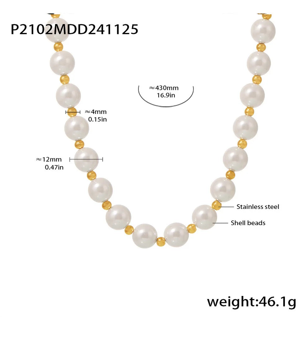 Necklace for Women No Fade Clavicle Chain 12mm White Shell Beaded Stainless Steel Charm Female Jewelry Gift