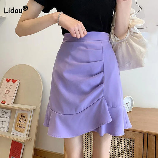 Irregular High Waist Skirts for Female Summer New Korean Fashion All-match Bag Hip A-Line Solid Color Ruffles Spliced Mini Skirt