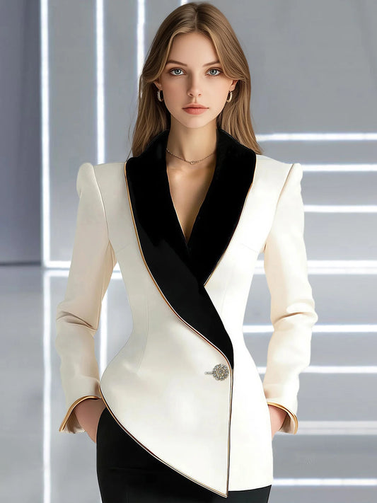 Women Blazer Jacket Elegant Asymmetrical White Blazer with Black Contrast Lapels Long Sleeves Slim Blazers Women's Outerwear