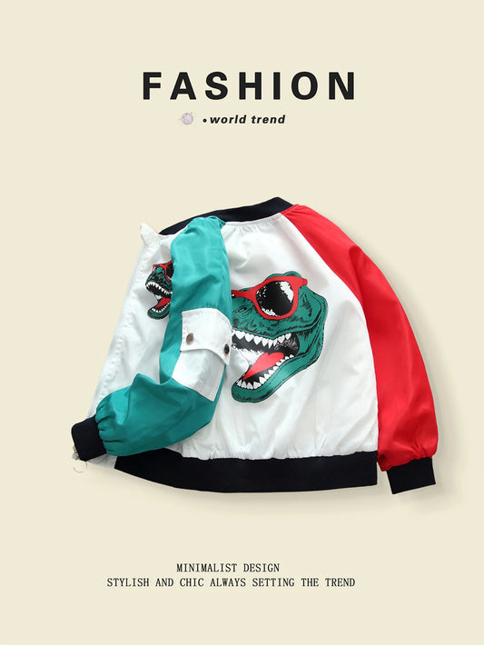 Spring - Autumn Outerwear: Fashionable Color - Blocked Dinosaur - Themed Windbreakers for Boys 3 - 10 Y